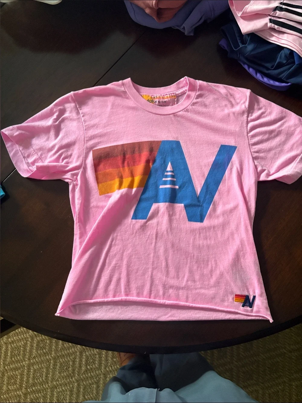 Aviator Nation Pink Tee with Blue 'AV' and Sunset Stripes - Picture 1 of 1